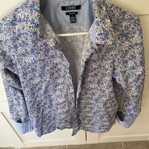 Chaps No Wrinkle button front floral shirt with gingham cuffs, EUC